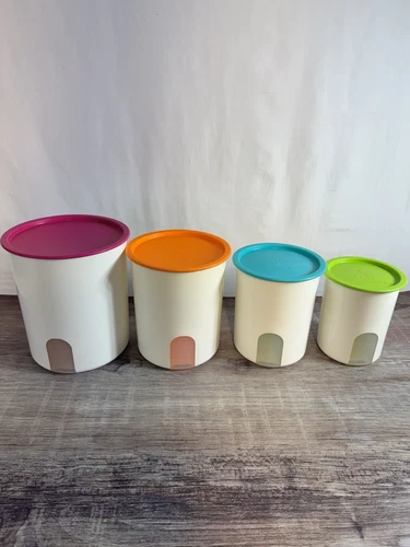 TUPPERWARE ONE-TOUCH CANISTER Set of 4 Nesting A-B-C-D White W/COLORFUL LIDS.