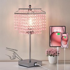 GyroVu Crystal Table Lamp, Pink Touch Lamp with USB C+A Ports, Dimmable Bedside
