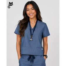 NWT Figs Blue Denim Casma 3 Pocket Classic Fit V-Neck Scrub Top S