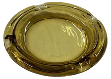 Vintage-Large 8” Round  Amber Glass Cigar /Cigarette Ashtray-4 Wide Slots-Smooth