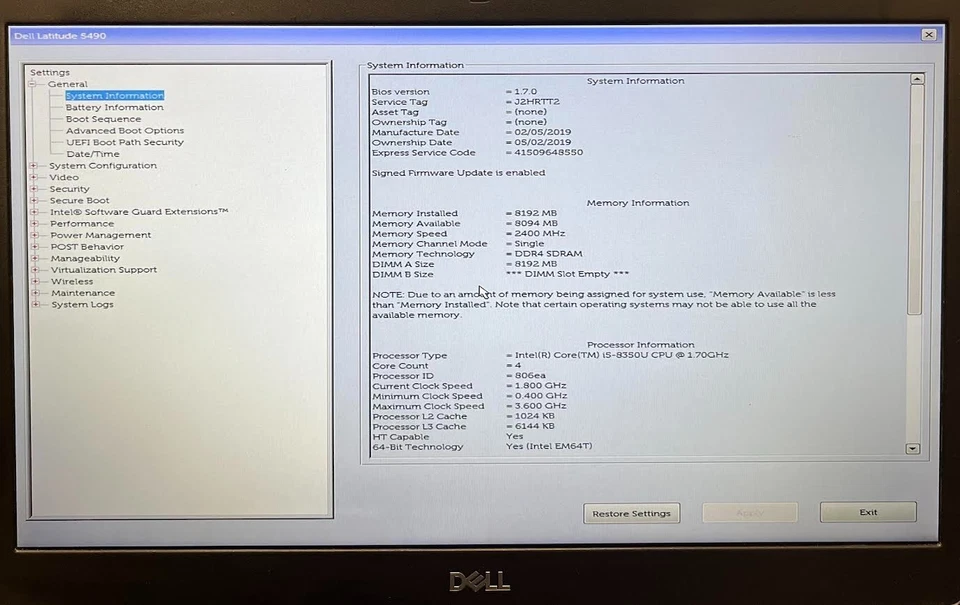 Dell Latitude 5490 14” FHD Laptop i5-8350U 8GB RAM 240GB SSD Windows 11 Pro - Image 2 of 4