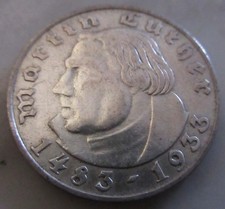 MDS GERMAN EMPIRE III. REICH 2 REICHSMARK 1933 A  MARTIN LUTHER , SILVER #