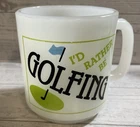 VINTAGE 1970’s GLASBAKE MILK GLASS COFFEE CUP MUG I'D RATHER BE GOLFING