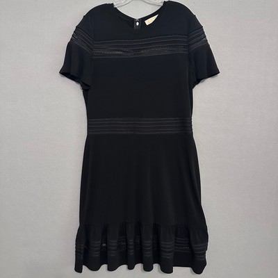 Michael Kors Black A-Line Dress Short Sleeve Ruffle Hem Crew Neck Mesh Insets XL