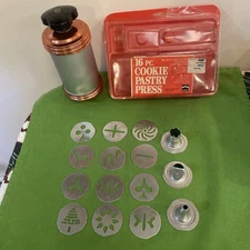 Vintage Mirro Cookie Pastry Press 3 Tips 12 Discs for Spritz Aluminum 3” Tube 🍪