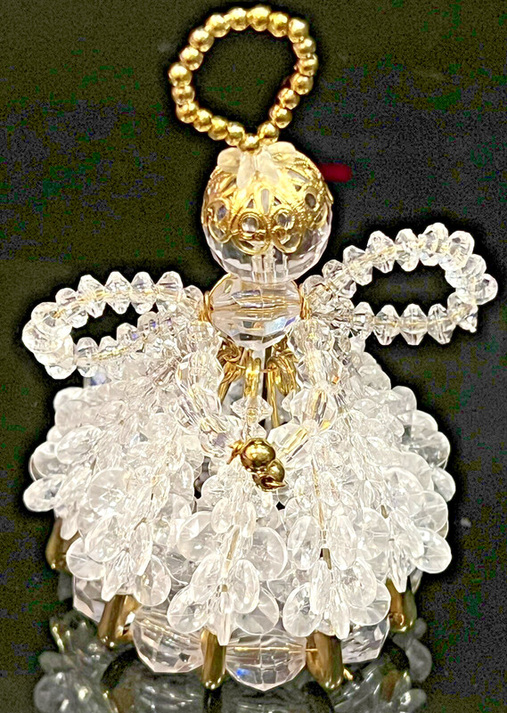 VTG Handmade Safety Pin Ornament Beaded Praying Angel 4.25” Clear & Gold Wings