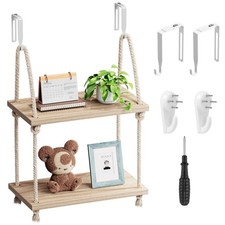 2 Tier Cubicle Shelf for Walls, 11.8" Wooden Hanging Wall Shelf with Hooks ...