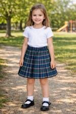 Girls Plaid A-Line Pleated Knee Length Skirt Blue Green White Elastic