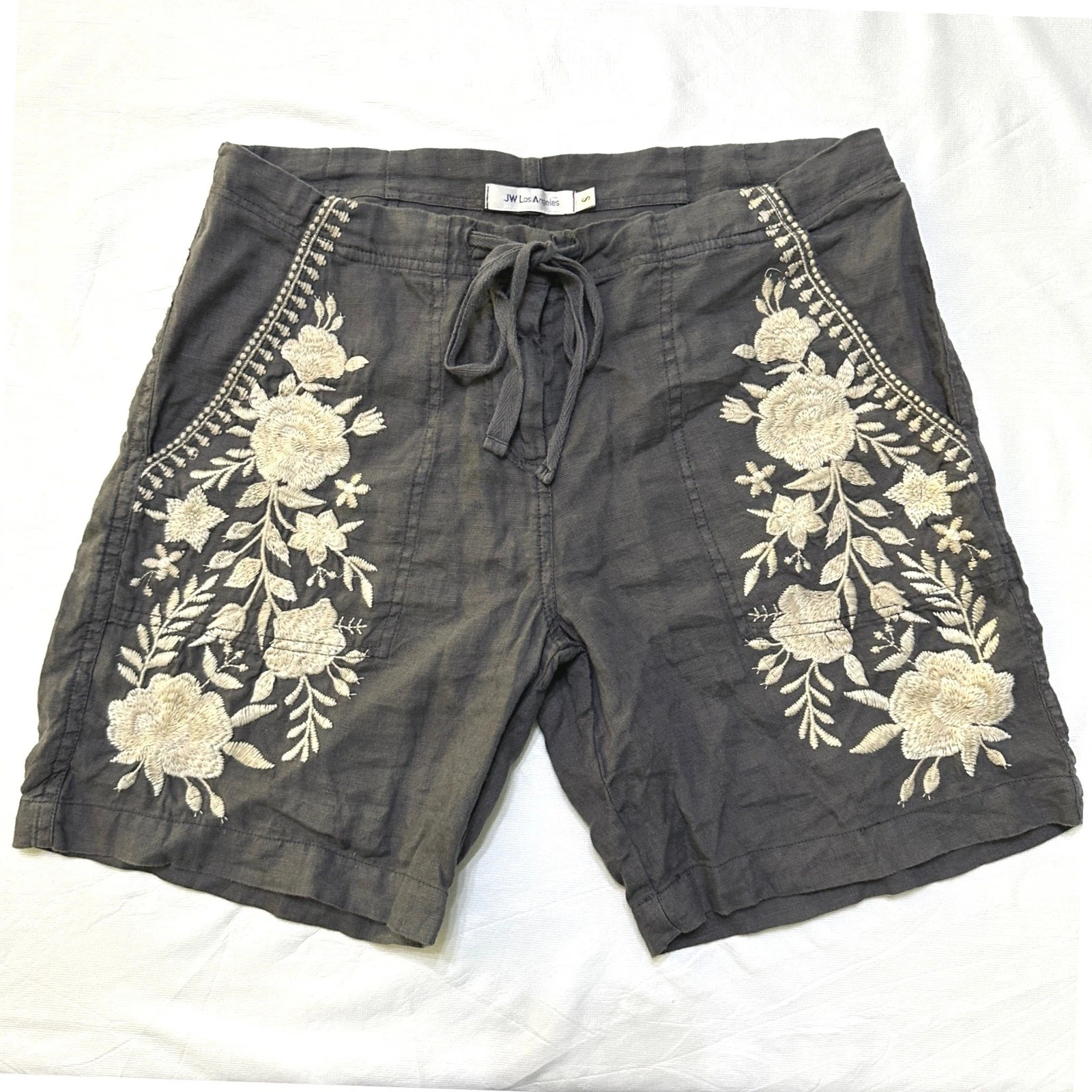 JW Los Angeles Linen Embroidered Shorts Womens Small Gray Boho Floral Drawstring