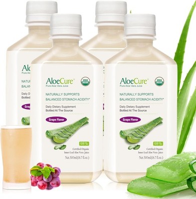 AloeCure USDA Organic Aloe Vera Juice Grape Flavor, Made Within 12 Hours of Ha