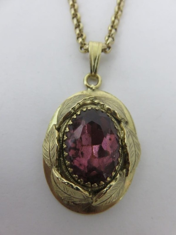 Vintage Whiting & Davis Purple Rhinestone Pendant Necklace Rolo Link Chain 21"