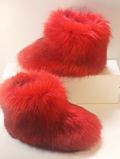 Red Furry Boots Shoes Fluffy Fur Snow Boots Plush lining Slip-on Rubber Flat 5