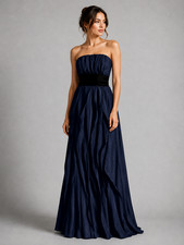 Vera Wang White Blue Crinkle Chiffon Strapless Bridesmaid Dress, 6