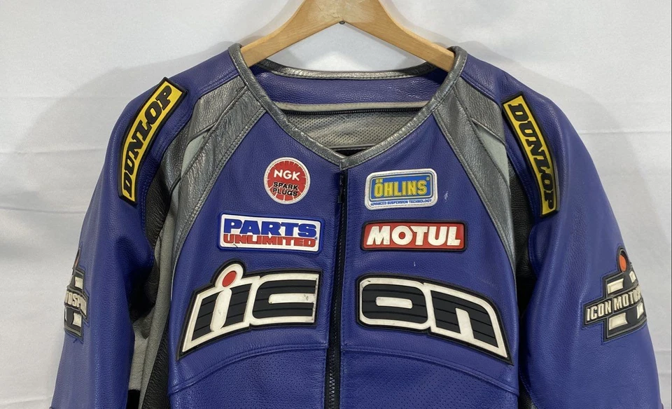 Chaqueta de moto Icon Motosports de cuero azul Merc Hero para hombre talla XXL Foto 2 de 4