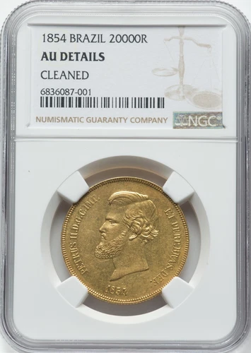 Brazil 1854 - Pedro II 20,000 Reis - NGC AU Details - RARE ONLY 26K STRUCK!