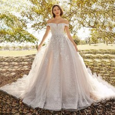 Shine A-line Off Shoulder Wedding Dresses Court Train Appliques Lace BridalGown