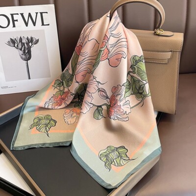 100% Silk Square Scarf Women Neckerchief Bandana Beige Pink Flower Green 65*65cm