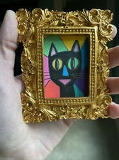 3/3,5 Black Cat ,cubism, Abstract, Original Painting framed,cute,funny,miniature