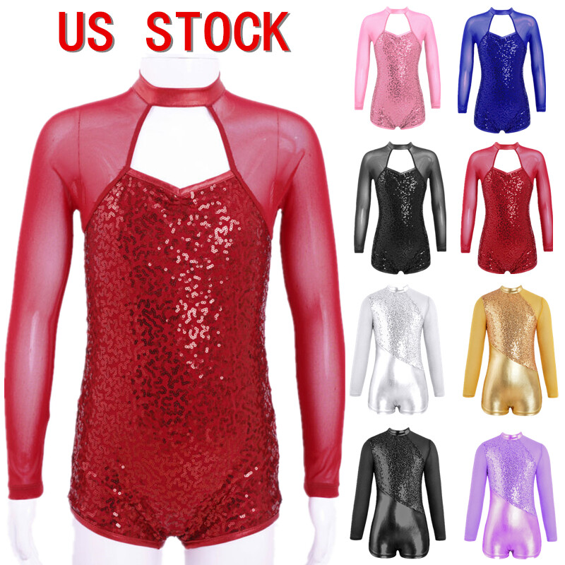スタイル様 Girls Jumpsuit Sparkling Sequin Gymnastics Bodysuit Mesh Splice