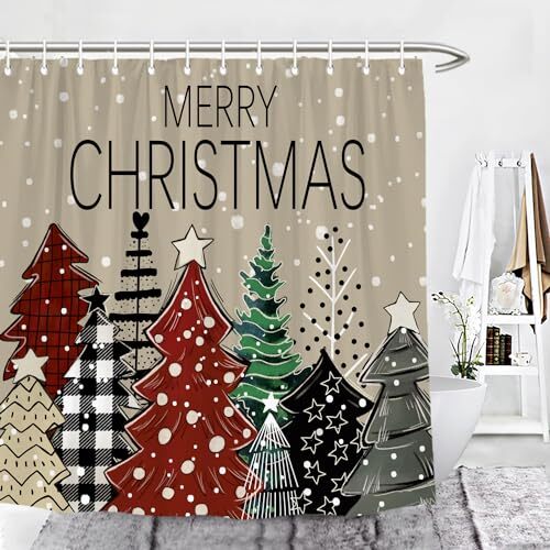Christmas Trees Shower Curtain Xmas Farmhouse Bathroom Decor with Hooks