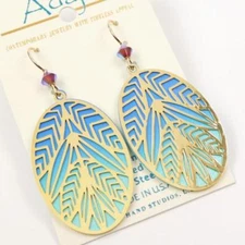 Adajio Earrings Blue and Aqua Large Oval with Gold Plated Geometric Overlay 7871