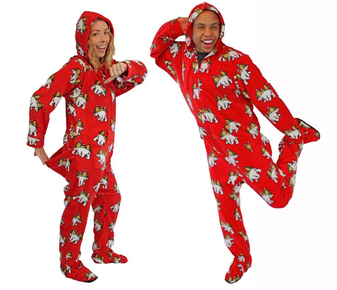 Adult Footie Pajama w Drop Seat Butt Flap Footed Onesie0 Red Polar Bear