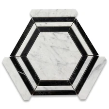 C35AXP Carrara White Marble Georama Hexagon Black Strip Tile Polished