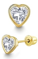 14K Gold Heart Moissanite Screw back Stud Earrings, Girls Women Kids CZ Jewelry