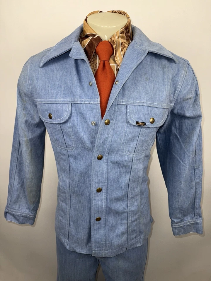 Traje de mezclilla Lee Leisure para hombre chaqueta mediana 35 27 pantalones campana parte inferior de colección años 60 70 Foto 3 de 4