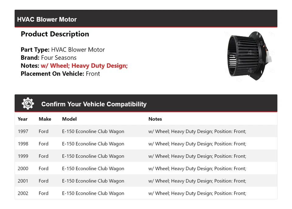 Para Ford E-150 Econoline Club Wagon 1997-2002 HVAC soplador motor delantero 4 estaciones Foto 2 de 4