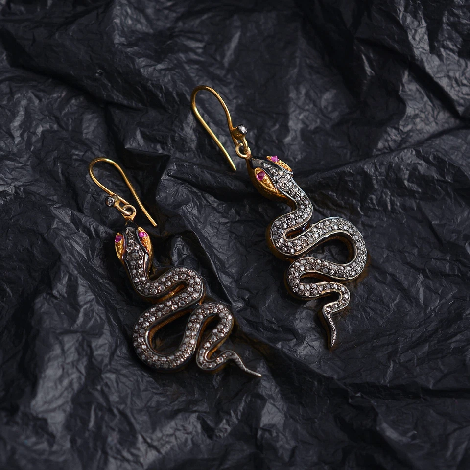 14K Gold Snake Dangle Earrings 925 Silver Wedding Diamond Pave Fine Jewelry - Image 3 of 4