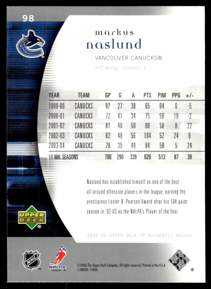 2005-06 SP Authentic ! Markus Naslund Vancouver Canucks #98 - Image 2 of 2