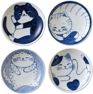 Set Of 4 Japanese Cat Design Miniature Plates Cute Blue Dishware 3.94 Inch