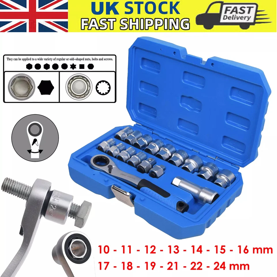 17Pcs Socket Set Metric Go-thru 3/8" 1/2" Adaptors Ratchet Go Through 10-24mm UK - Image 3 of 4