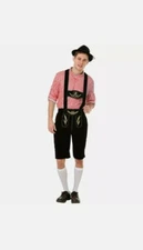 Men's Lederhosen Oktoberfest Bavarian Costume: Red Gingham Shirt Overalls Hat M