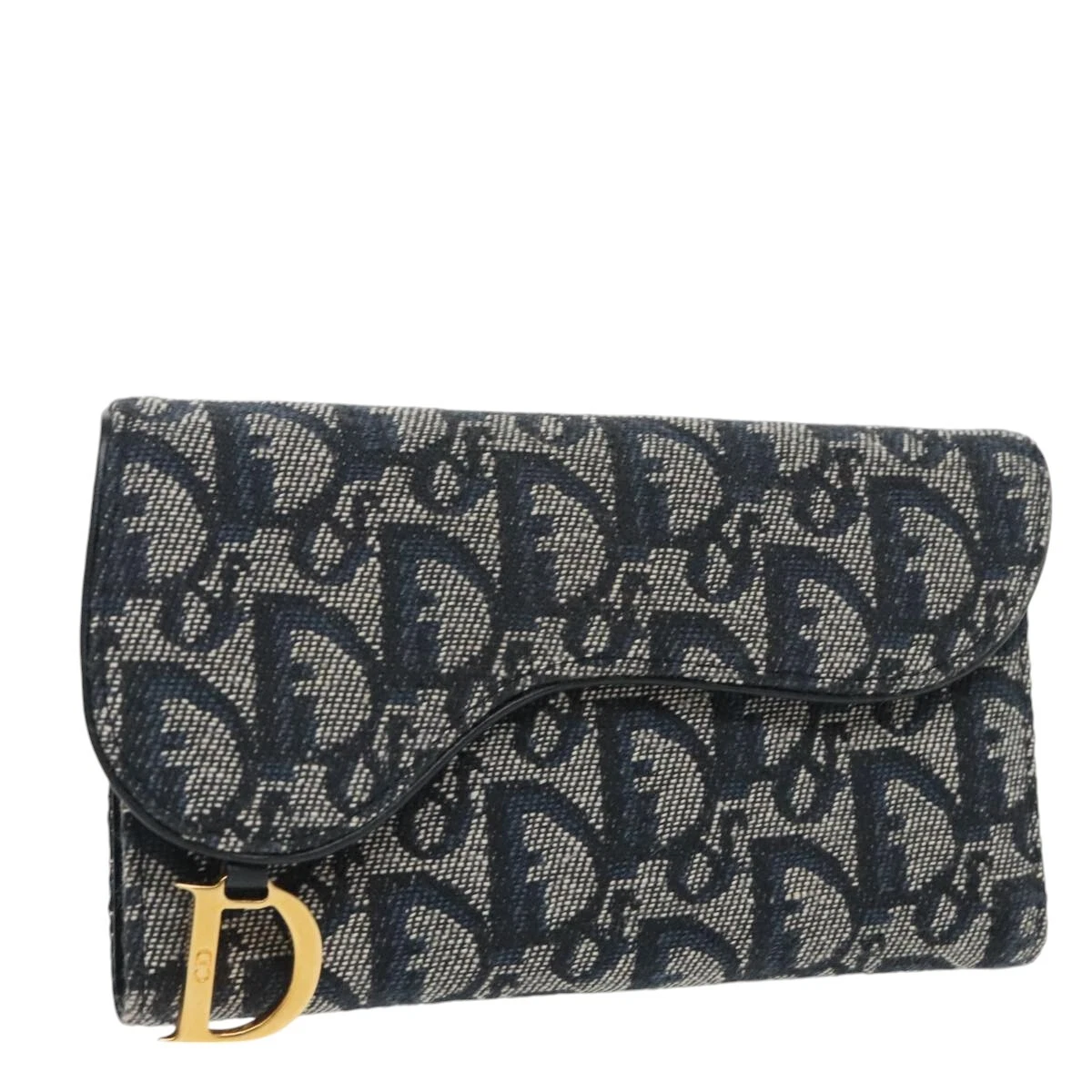 Portefeuille toile trotteur Christian Dior bleu marine or authentique am7239