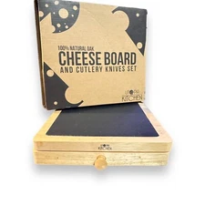 Utopia Kitchen Cheese Board and Cutlery Knives Set Natural Oak Gift Set