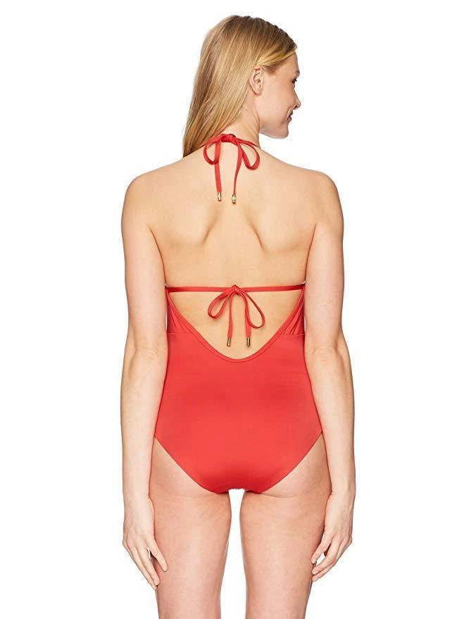 Laundry by Shelli Segal Womens Scallop Lace Plunge One Piece Swimsuit Spice SZM