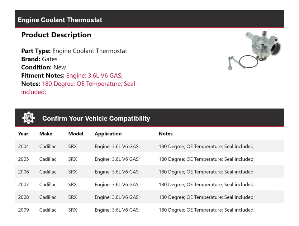 Para Cadillac SRX 2004-2009 3,6 L V6 Motor Gas Refrigerante Termostato Puertas 2005 2006 Foto 2 de 4