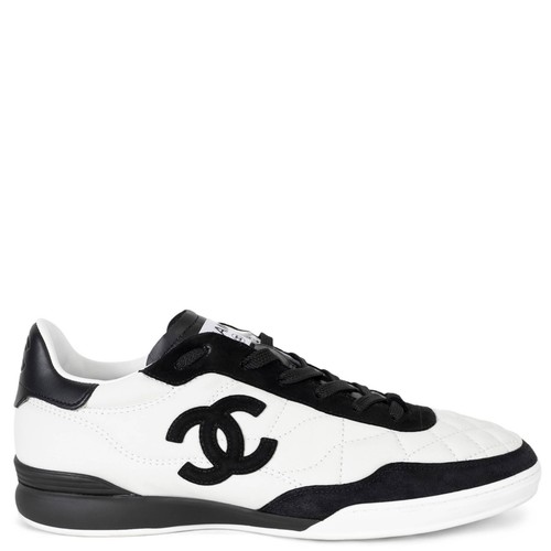 74123 auth CHANEL white black leather 26S LOW TOP Sneakers Shoes 38.5 G47274