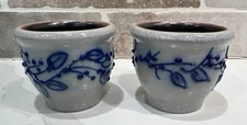 2 Pottery Crock Gray Salt Glaze Stoneware Blue Floral 2 7/8” D X 2 3/8” H