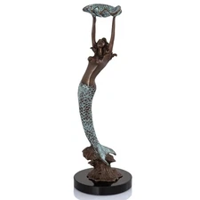 SPI Home Brass and Marble Mermaid with Tray Statue 15 Inches High