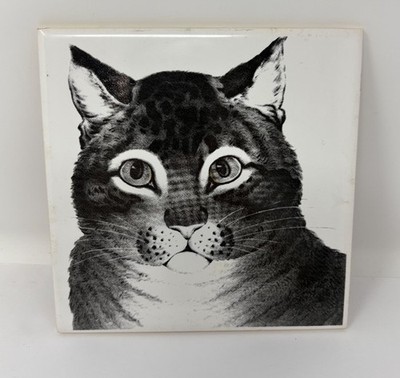 Vintage Bergquist Imports Ceramic Cat Tile Wall Art   Black Gray Folk Art Decor