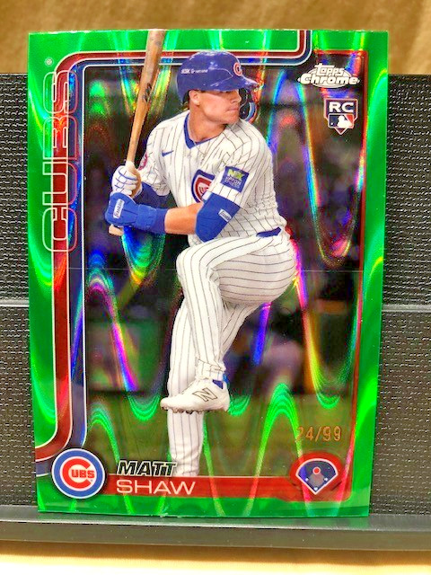 2025 Topps Chrome True Green Refractor Card #219, Numbered 24/99 Matt Shaw (RC)