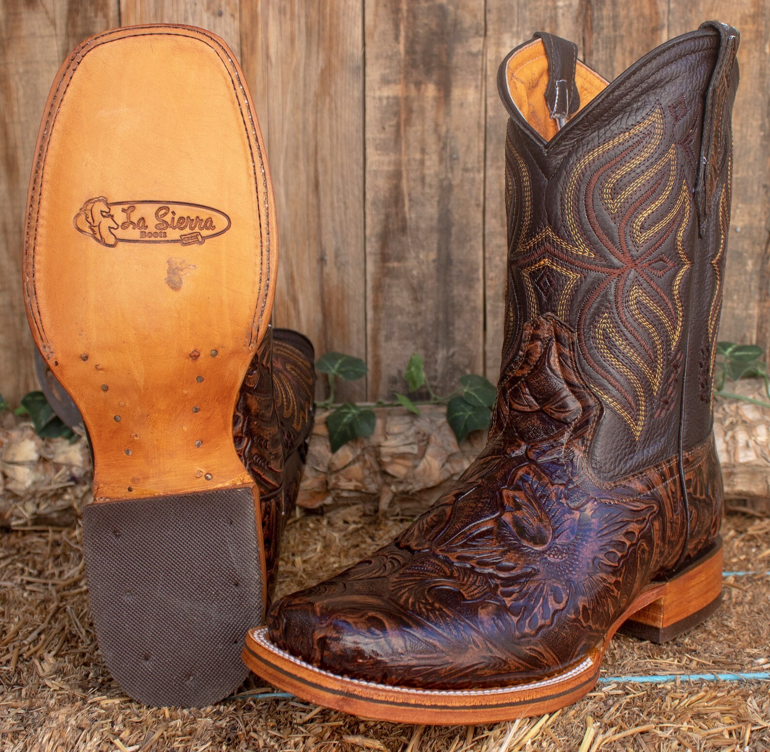 's Hand Tooled Cincelado Genuine Leather Square Toe Western Boots - Honey