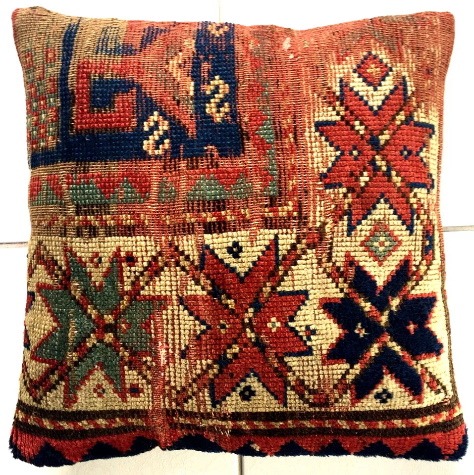 Antik Retro Kissen Teppich Kaukasus Handgeknüpft Beige Caucasus Rug Cushion - Bild 1 von 4