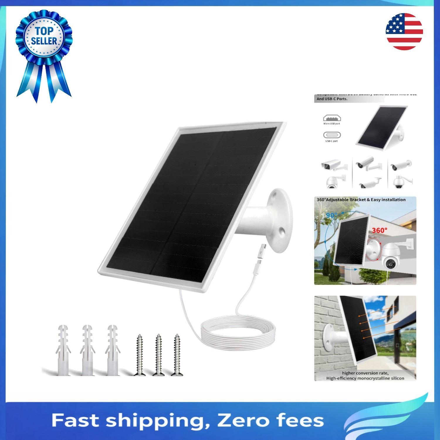 360&deg; Adjustable 6W Solar Panel - Waterproof Power Solution for Security Cameras
