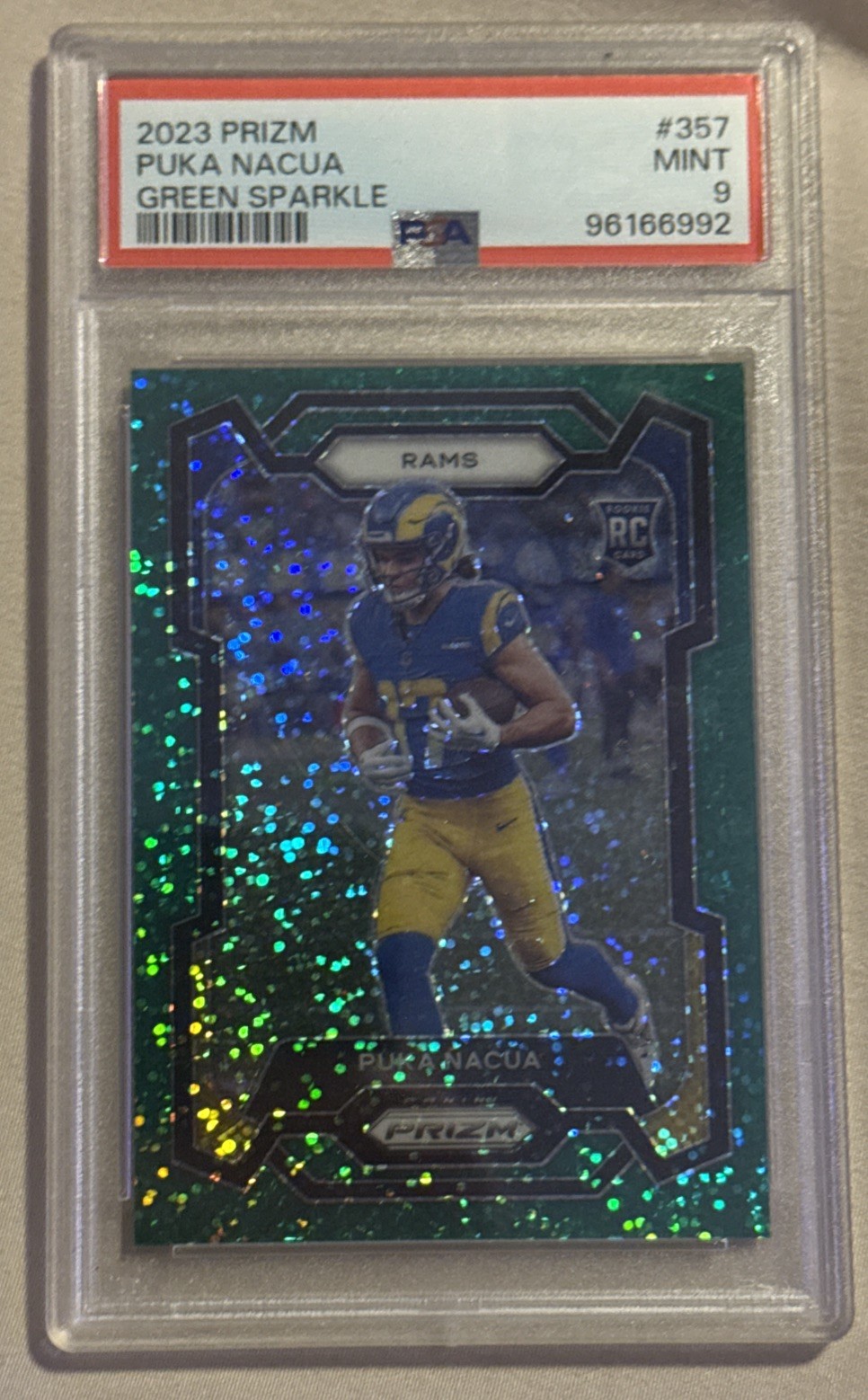 PUKA NACUA PSA 9 2023 PANINI PRIZM #357 ROOKIE GREEN SPARKLE  SP RC 6/8 RAMS 🔥