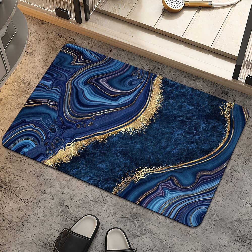 Bath Mat Rug,Dark Blue Gold marbleNon Slip Quick Dry Super Absorbent Thin Bat...