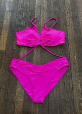 Hot Pink Ring Link Tie Front Bikini Set, Size L